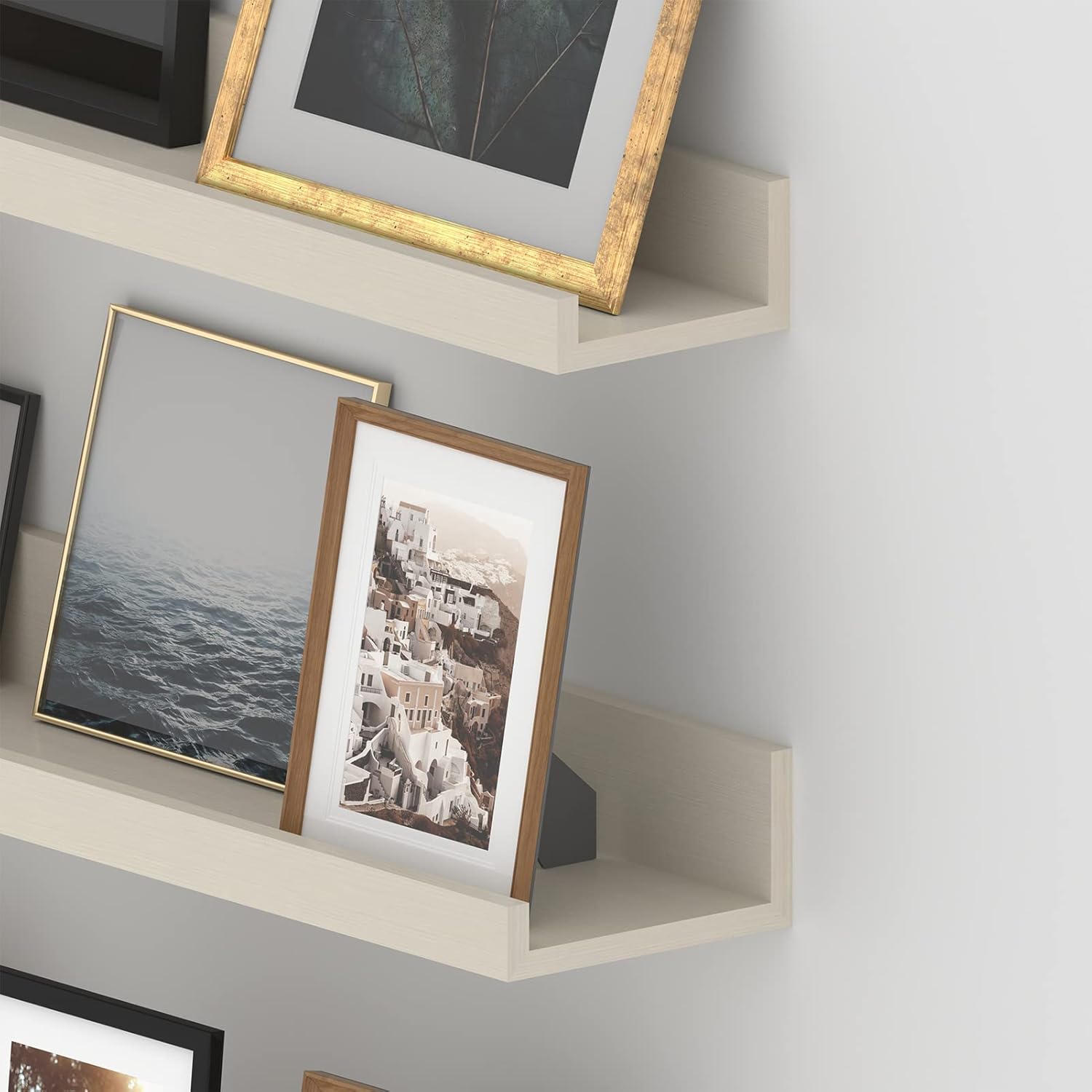 Giftgarden 16 Inch Floating Shelves Wall Mounted, Creamy White Beige Wood-Grain Wooden Ledge Shelf for Bathroom Bedroom Living Room Kitchen Nursery, Set of 3 Different Sizes